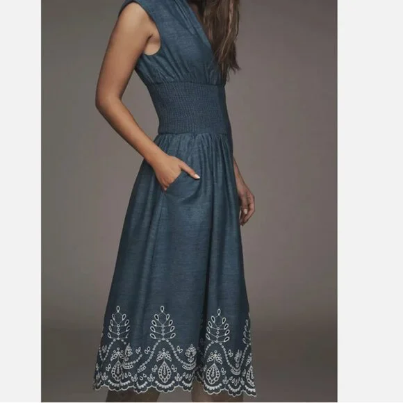 Anthropologie The Tommie Denim Chambray Zip Front Eyelet Trim Dress Blue S NWT
